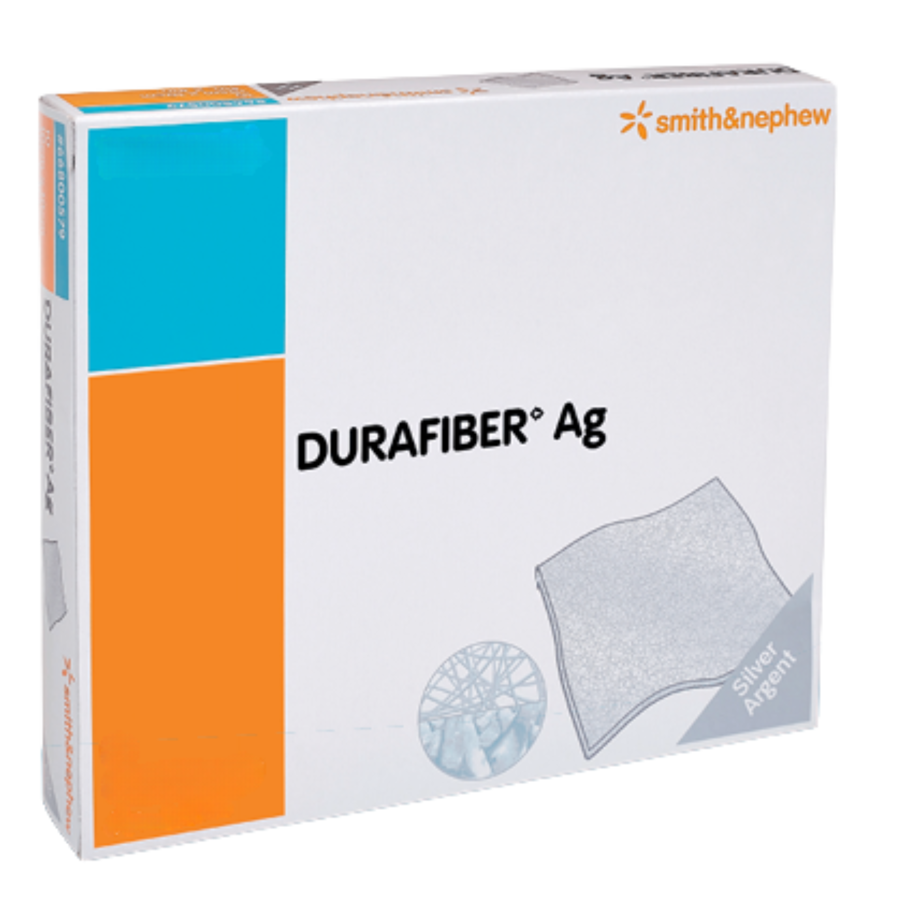 Front view of the DURAFIBER Ag silver antimicrobial gelling fiber dressing box featuring the Smith & Nephew logo and silver argent branding.