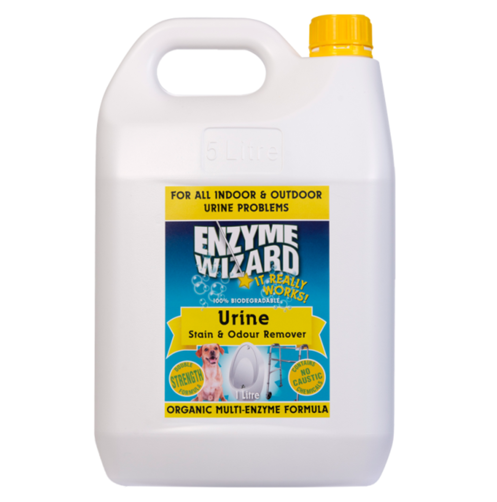 A 5-litre container of Enzyme Wizard Urine Stain and Odour Remover featuring an organic multi-enzyme formula.