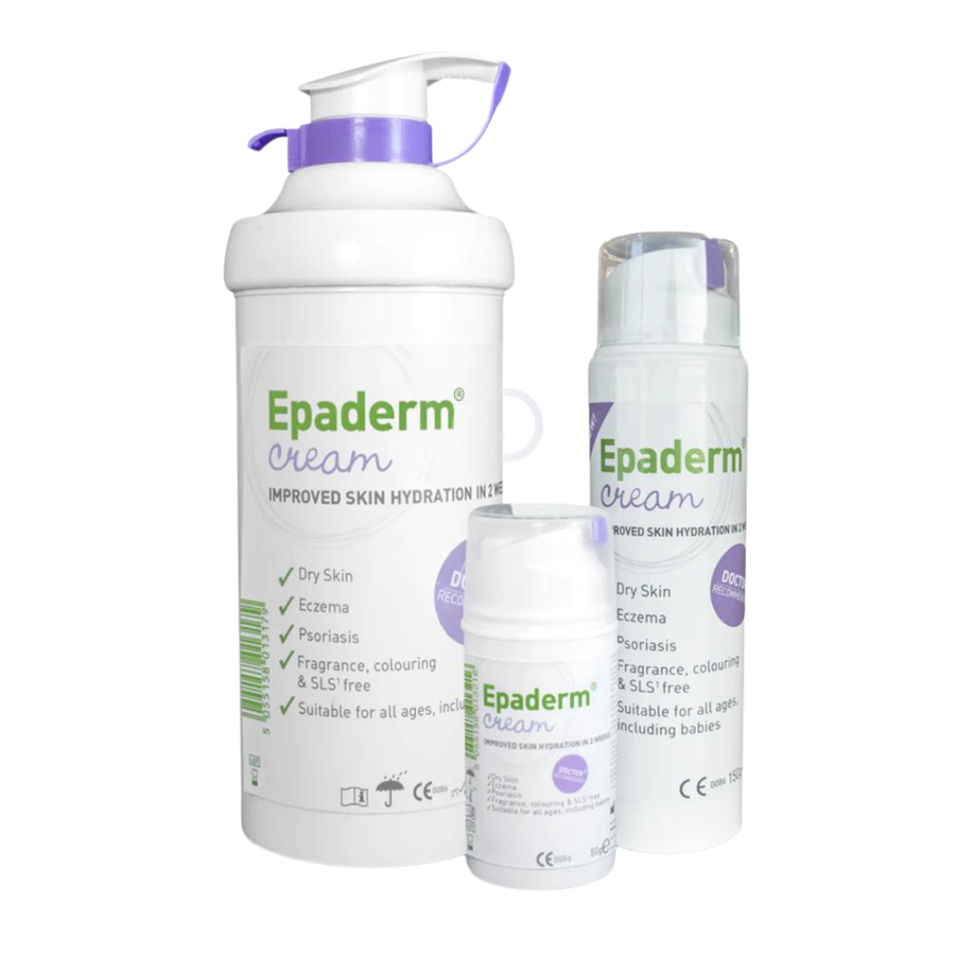 Three sizes of Epaderm Cream (pump bottle, tub, and 50g) together for comparison. Suitable for babies.