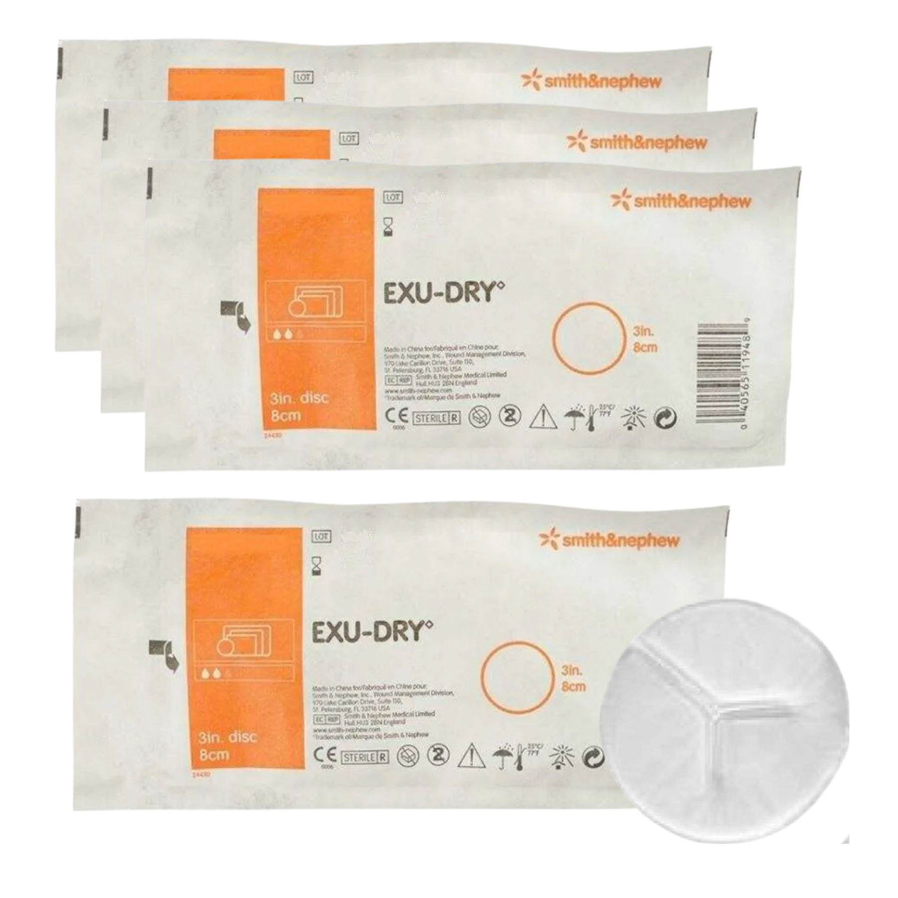 Three packages of Smith & Nephew EXU-DRY medical product on a white background.