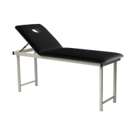 Free standing medical treatment couch with black upholstery, integrated breath hole, and white metal frame