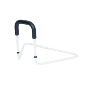 : A white tubular steel bed stick with a black foam-covered handle and a large triangular base designed to slide under a mattress for stability.