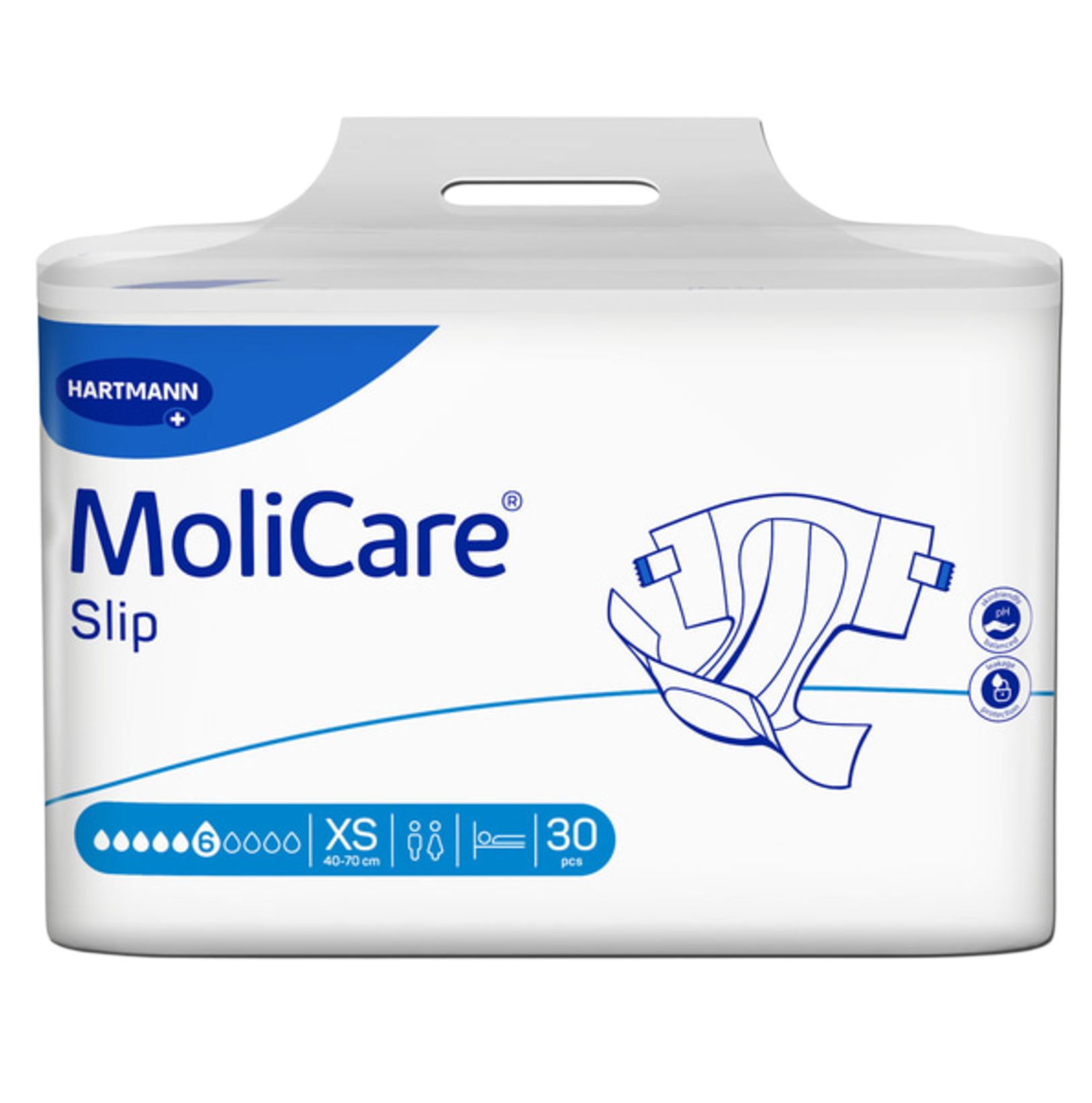 Front view of Hartmann MoliCare Slip packaging for size Extra Small (40-70 cm) with 6-drop absorbency rating and night-time use icon.