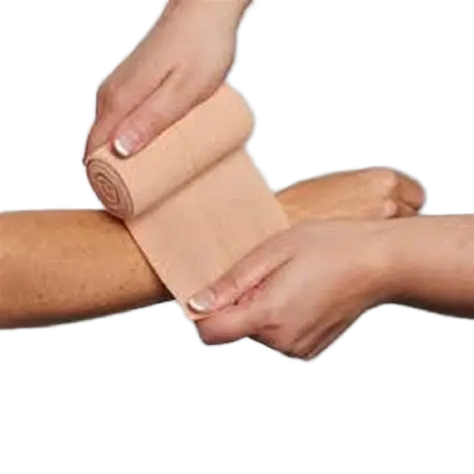 A person’s hands applying a tan heavy crepe elastic bandage to a forearm for compression and support.