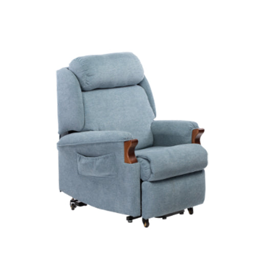 Oscar Hudson Lift Recliner Chair in blue VersoTela fabric with timber show wood arms