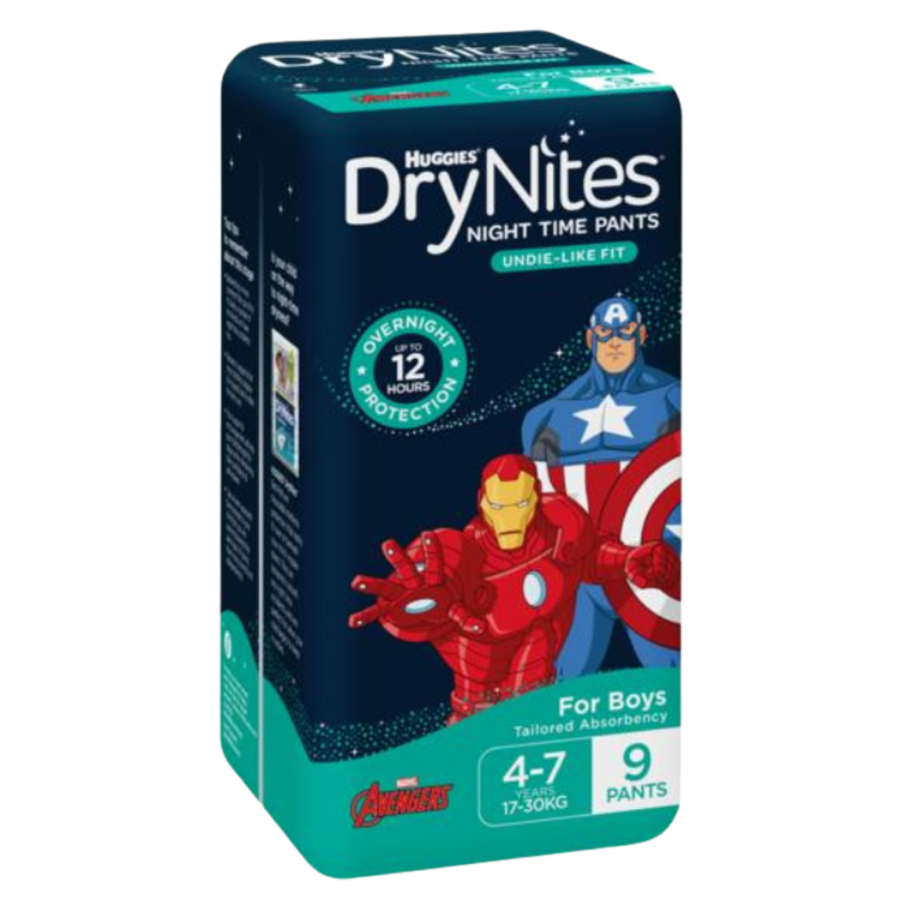 Angled view of Huggies DryNites 9-pack for boys 4-7 years, featuring Iron Man and Captain America designs.