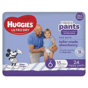 Huggies Ultra Dry nappy pants packaging for boys with a father and child on a blue background