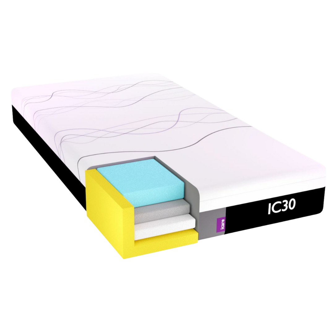 iCare IC30 Medium ActiveX Mattress featuring gel-infused foam and breathable cover for pressure relief and temperature regulation.