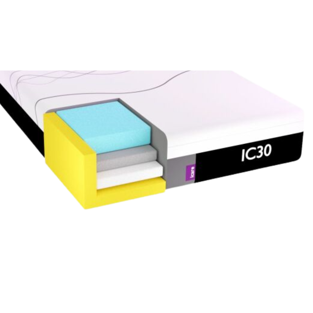 iCare IC30 Medium ActiveX Mattress featuring gel-infused foam and breathable cover for pressure relief and temperature regulation.