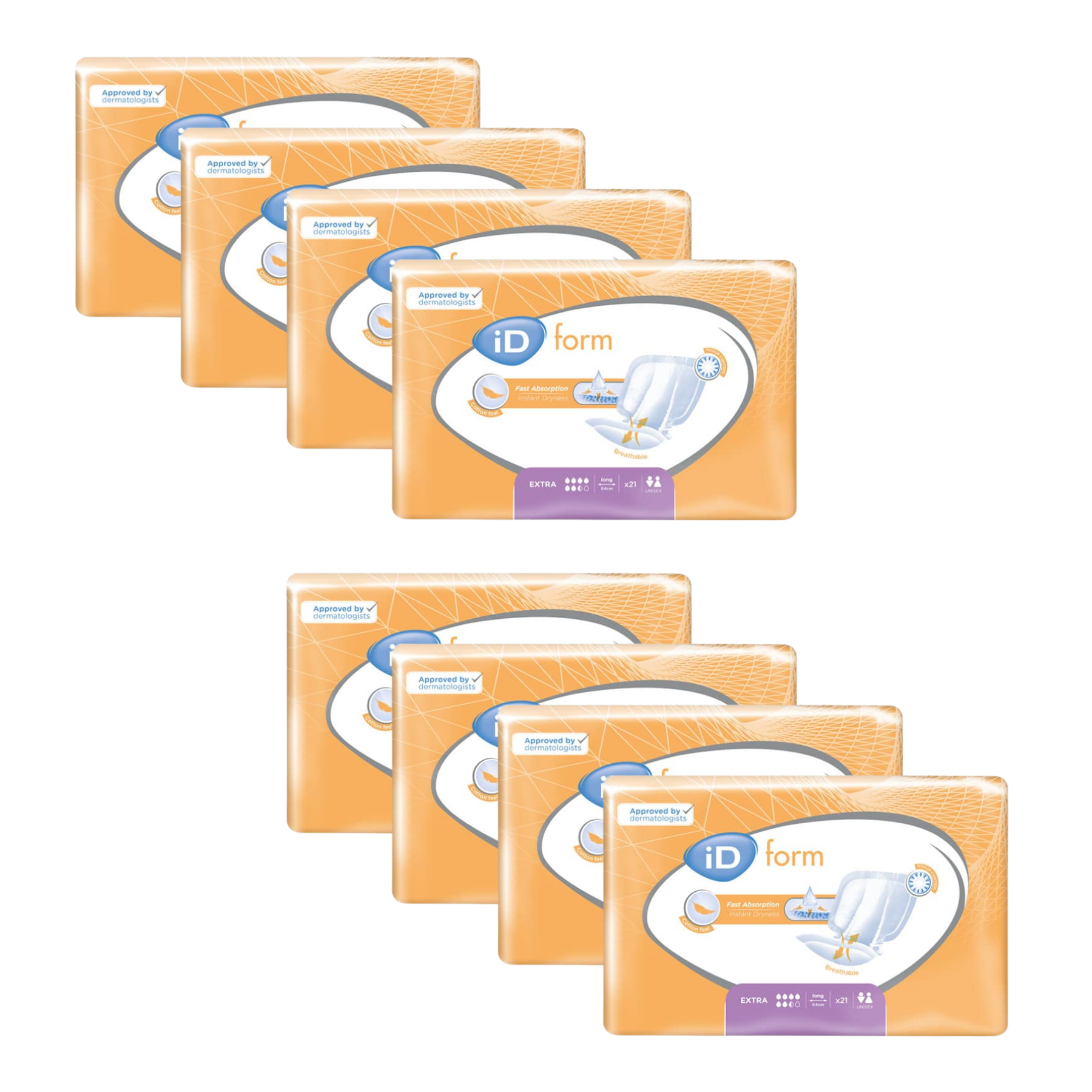 Eight packs of iD form incontinence pads arranged in two rows of four on a plain white background.