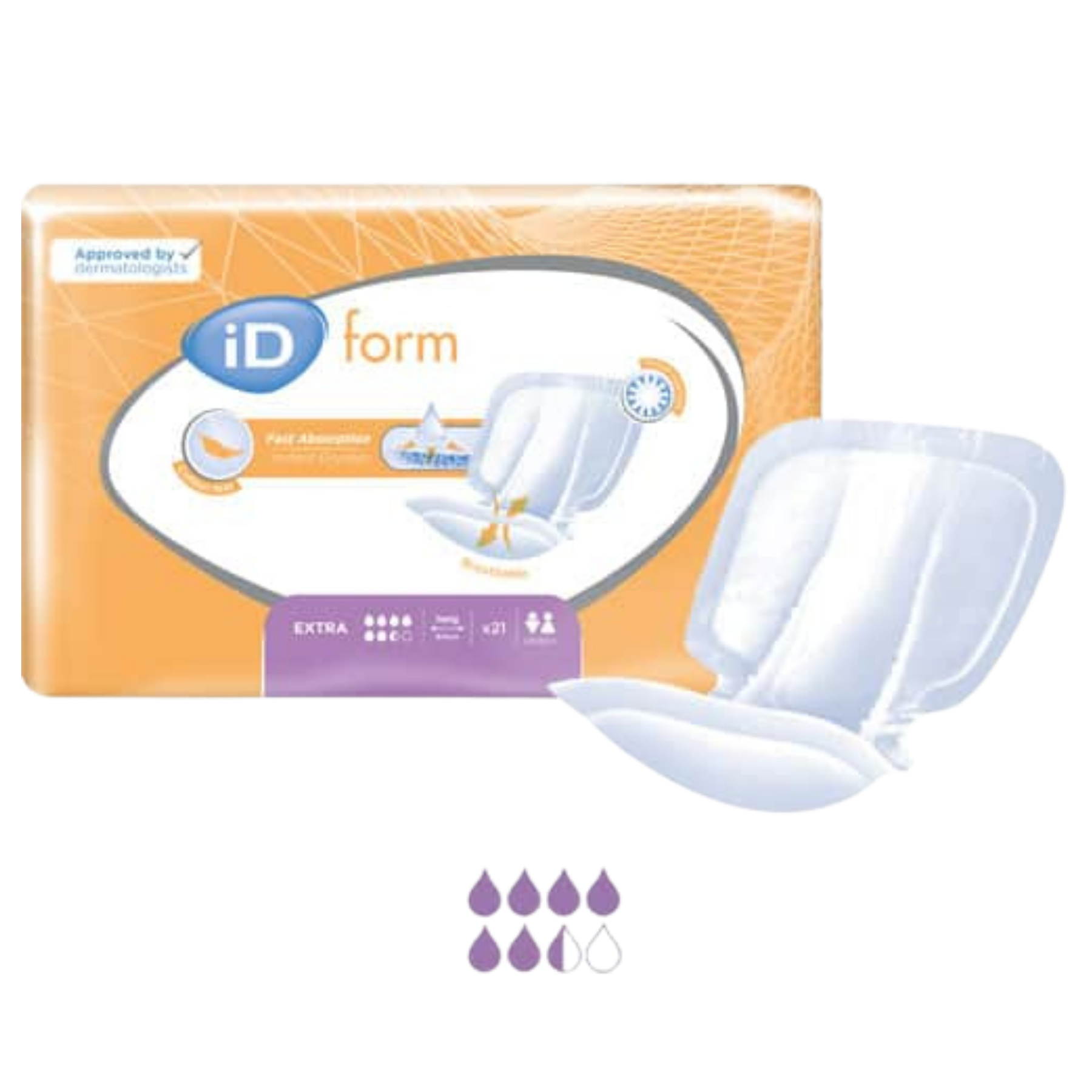 iD form Extra absorbent underpads shown with their orange and white packaging box, alongside a single white underpad, on a plain white background.