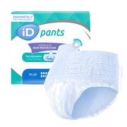 iD Sensitive Pants Extra Plus adult pull-up incontinence briefs, size Small (60–90cm waist), soft breathable disposable protection for sensitive skin.