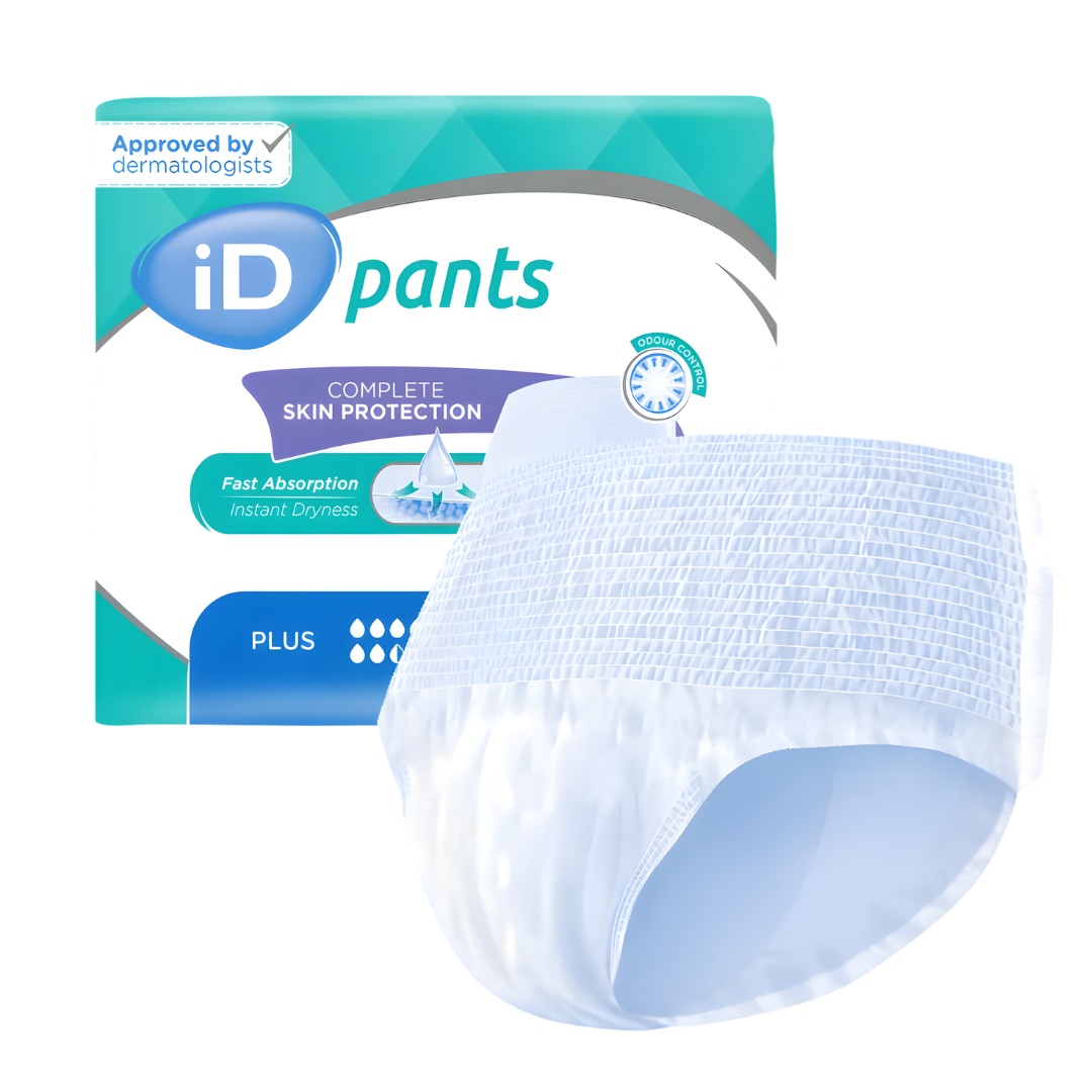 iD Sensitive Pants Extra Plus adult pull-up incontinence briefs, size Small (60–90cm waist), soft breathable disposable protection for sensitive skin.