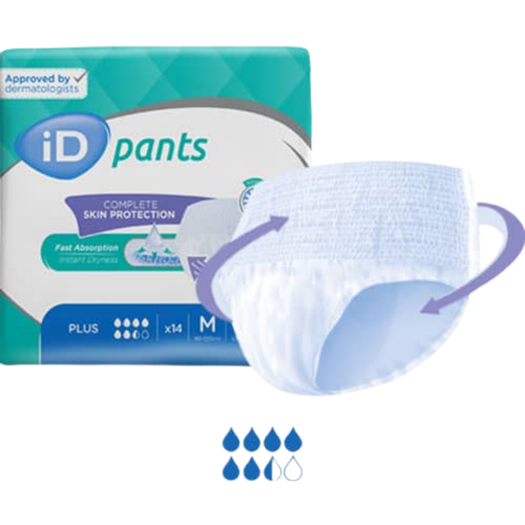 iD Sensitive Pants Extra Plus adult pull-up incontinence briefs, size Small (60–90cm waist), soft breathable disposable protection for sensitive skin.