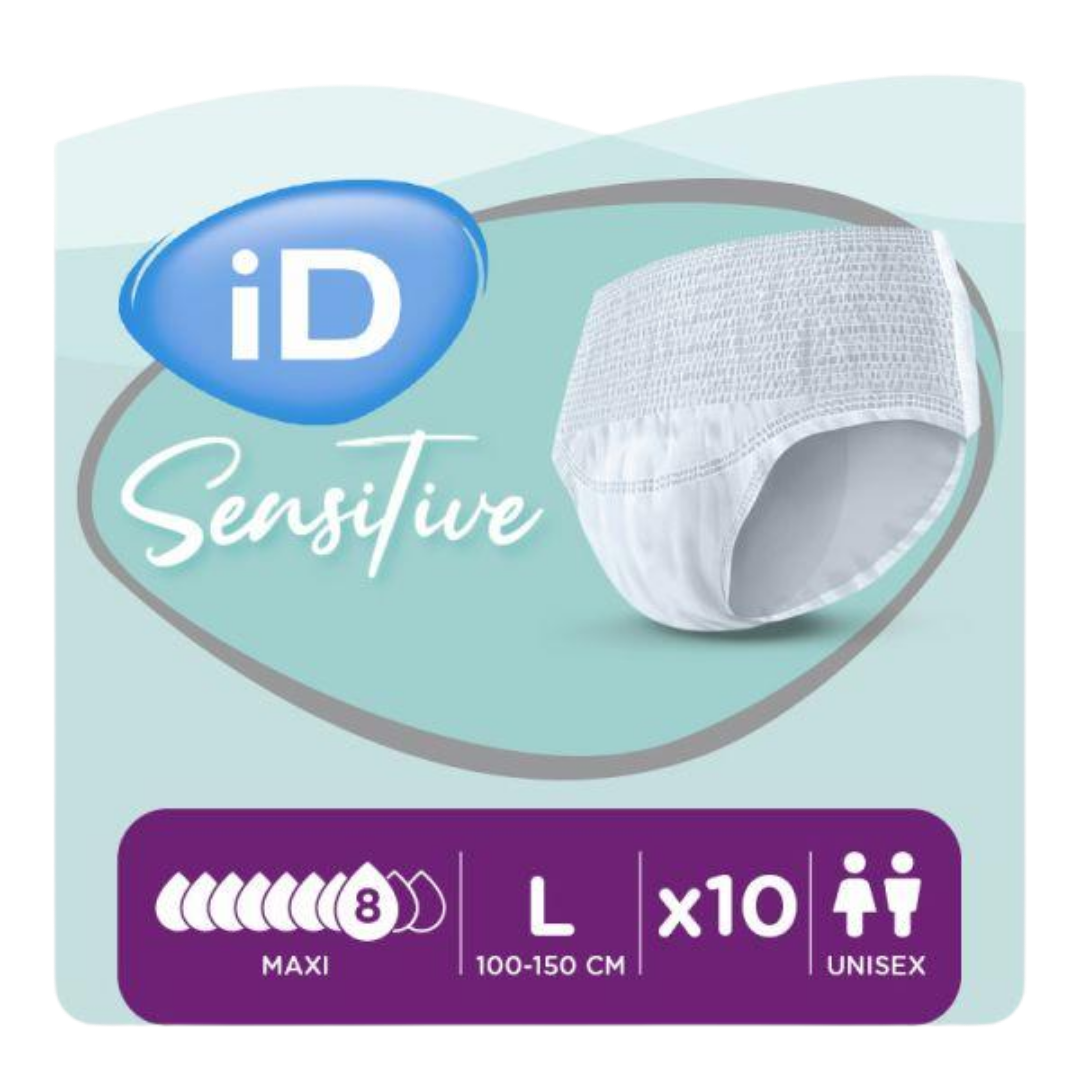 iD Sensitive Pants Maxi Large 2304ml pull‑up incontinence pants with odour control and skin‑friendly design.