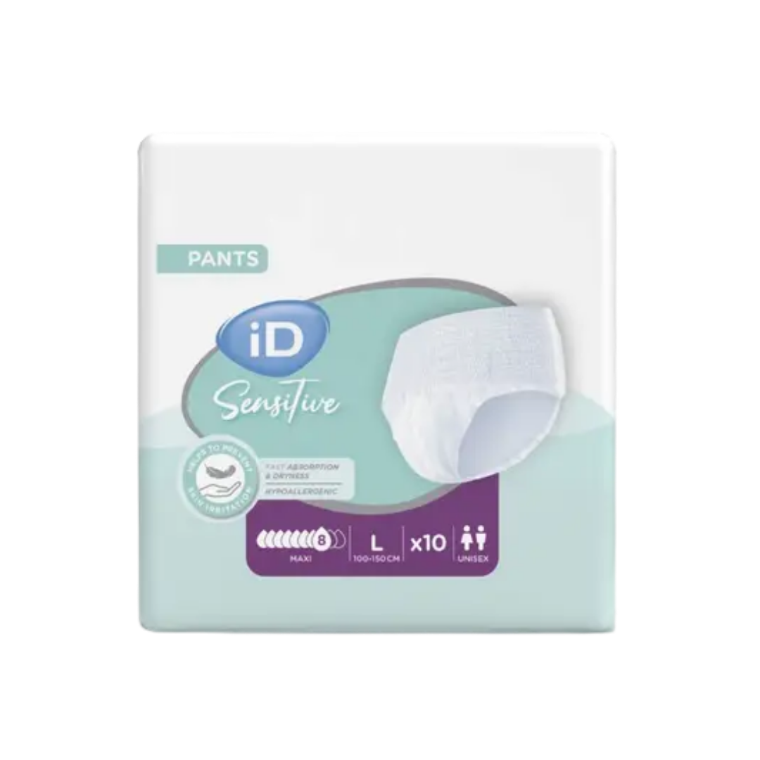 iD Sensitive Pants Maxi Large 2304ml pull‑up incontinence pants with odour control and skin‑friendly design.