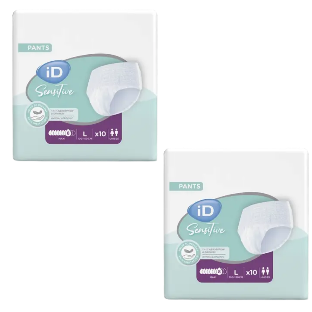 iD Sensitive Pants Maxi Large 2304ml pull‑up incontinence pants with odour control and skin‑friendly design.