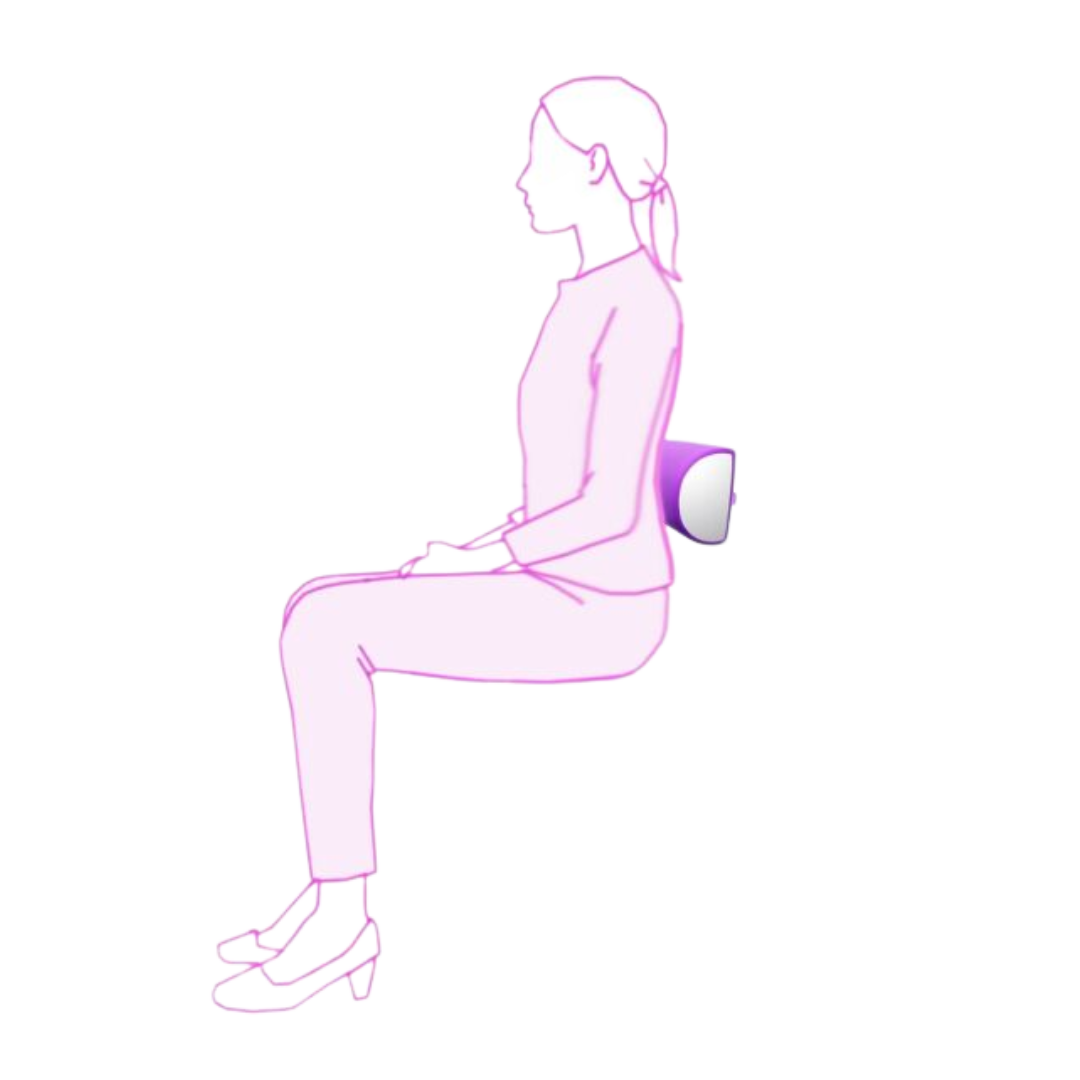 A diagram showing the side profile of a person sitting upright with the purple Icare Half Lumbar Cushion correctly placed at the small of their back for support.