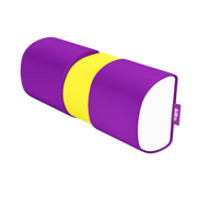The Icare Half Lumbar Cushion on a grey background, showing its cylindrical, ergonomic shape and purple and yellow high-density foam components.