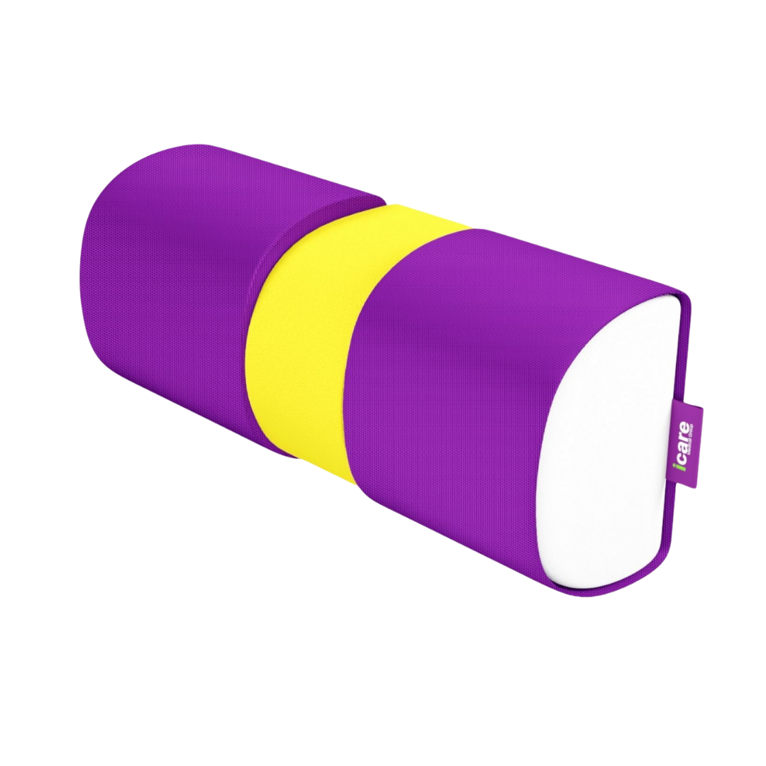 The Icare Half Lumbar Cushion on a grey background, showing its cylindrical, ergonomic shape and purple and yellow high-density foam components.