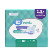 Front packaging of iD Pants Super in size Large, featuring a 14-pack of unisex incontinence pull-ups with "Complete Skin Protection" and "2.5x Faster Absorption" labels.