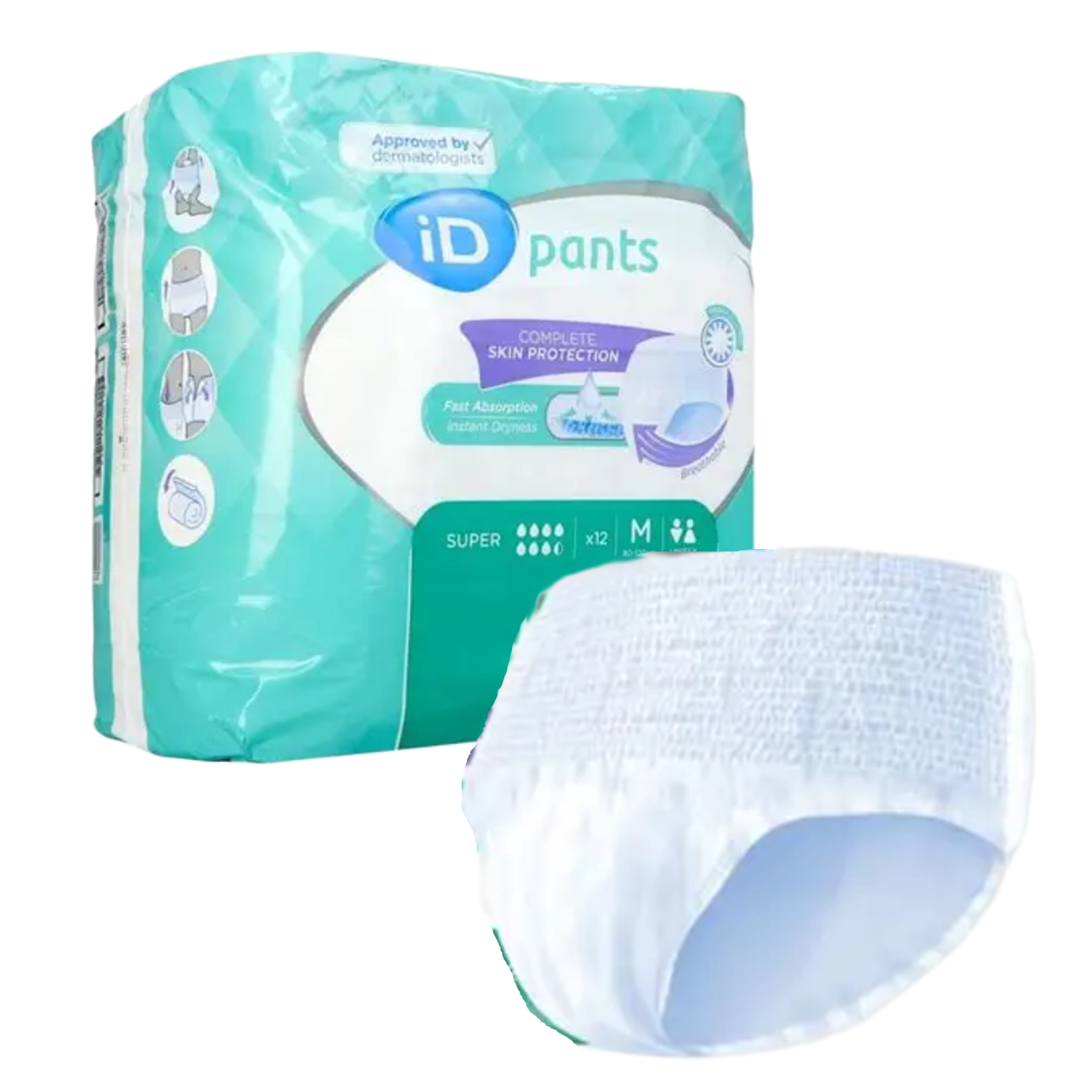 iD Pants Super medium unisex incontinence underwear packaging shown with a sample of the white, cloth-like pull-up brief.