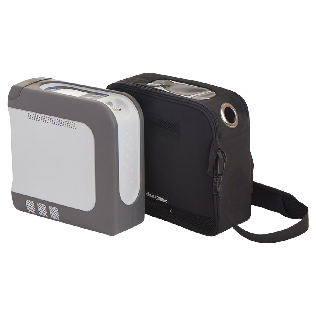 Drive DeVilbiss iGo2 Portable Oxygen Concentrator shown with black carry bag for easy transport and convenience.
