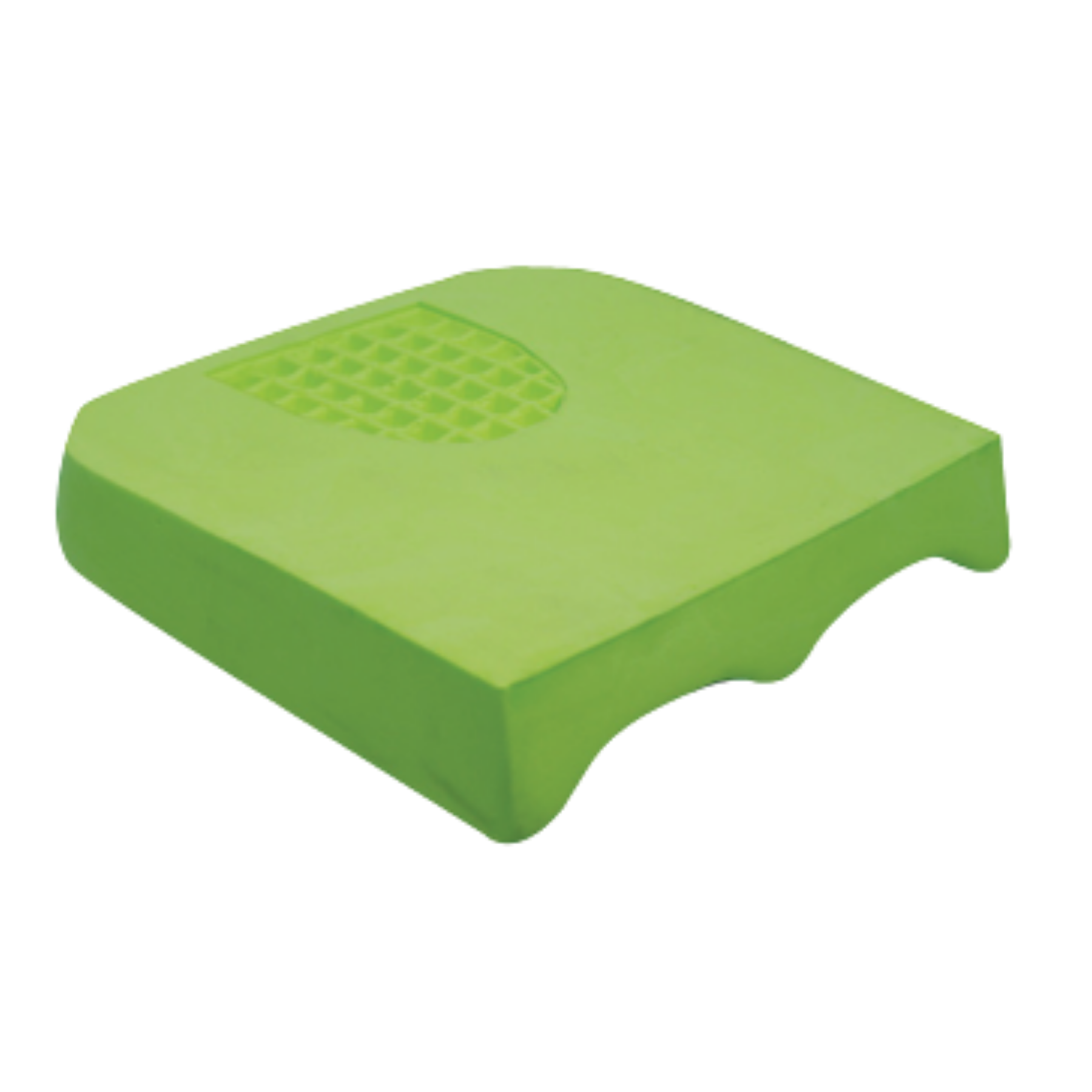 A high-angle view of a lime green contoured foam wheelchair cushion base featuring an anatomical well for pressure distribution and leg troughs for positioning.