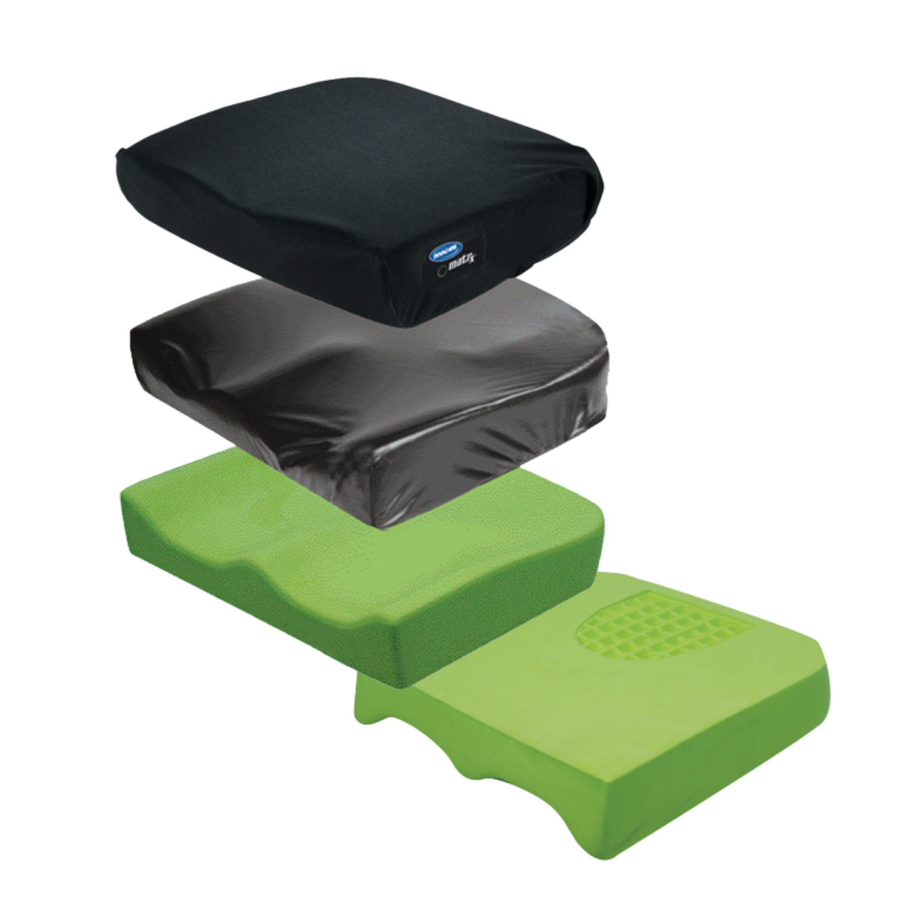 An exploded view showing the four layers of an Invacare Matrx wheelchair cushion, including the black outer cover, moisture-resistant inner cover, and two contoured foam base layers.