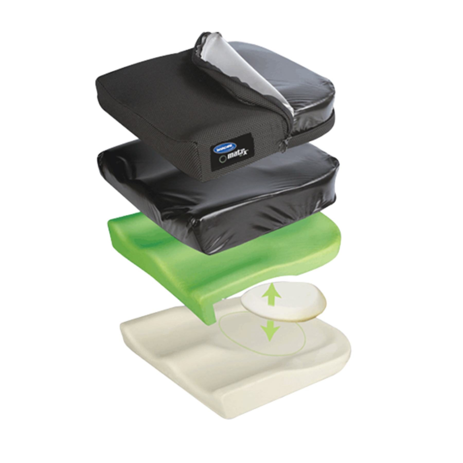 An exploded view of an Invacare Matrx cushion showing the mesh outer cover partially unzipped, the moisture-resistant inner cover, a green foam layer, and a white base layer with a removable circular foam insert.