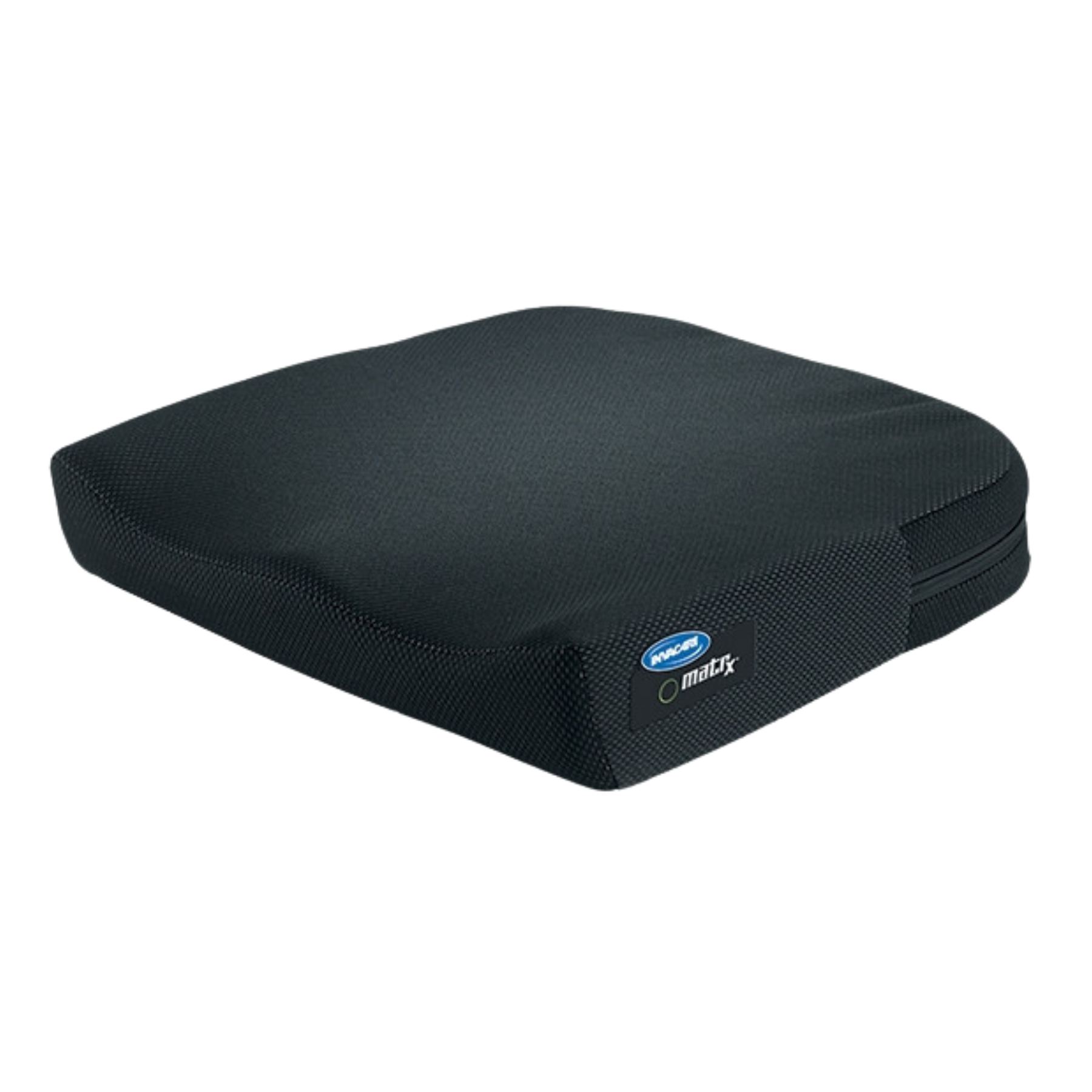A single Invacare Matrx Vi wheelchair cushion shown with its black, breathable mesh outer cover and branded logo on the side.