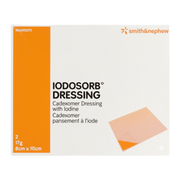 Front view of the IODOSORB Dressing box, product code #66001293, containing two 17g dressings in the largest 8cm x 10cm format.
