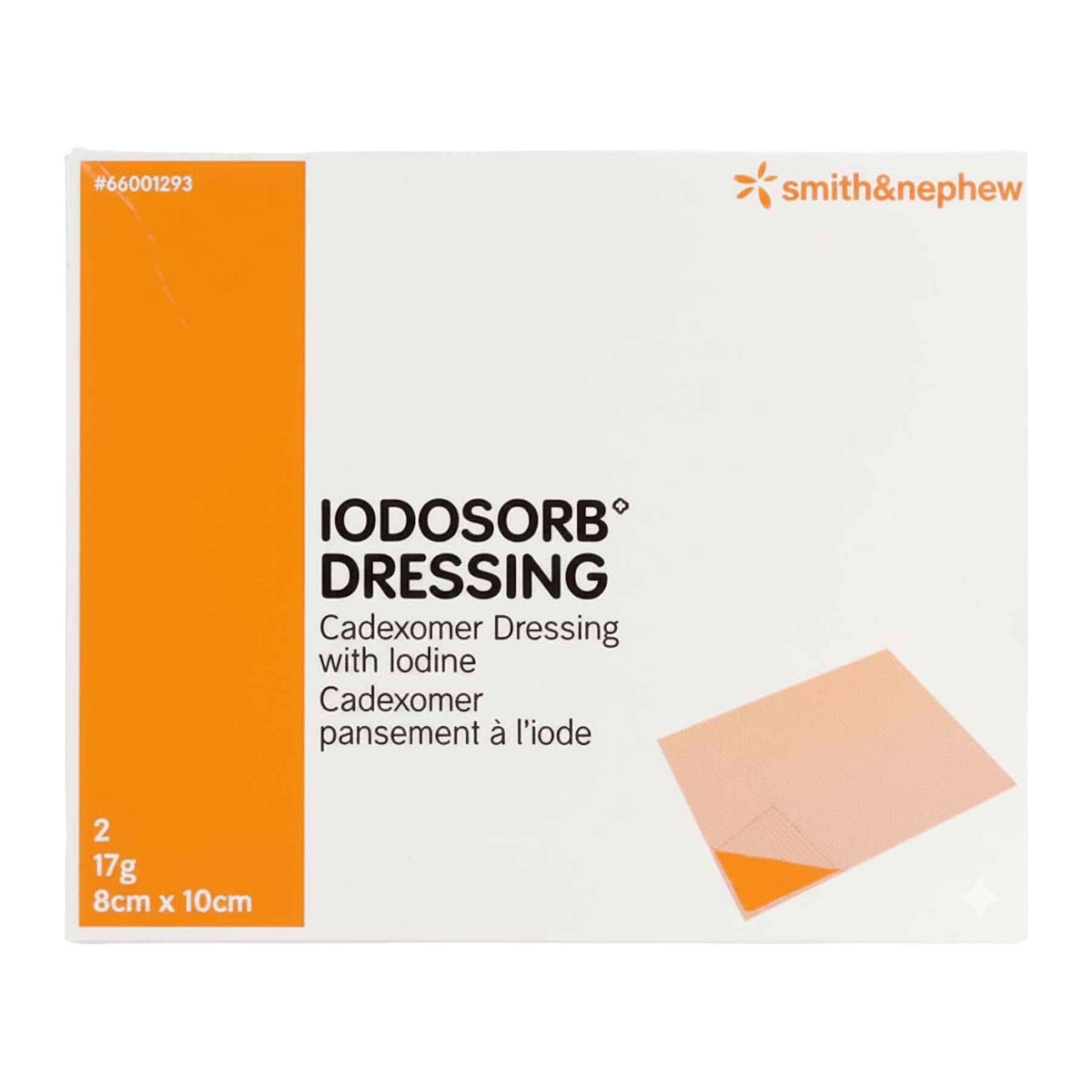 Front view of the IODOSORB Dressing box, product code #66001293, containing two 17g dressings in the largest 8cm x 10cm format.