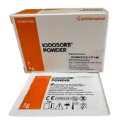 Front view of a box of IODOSORB Powder containing seven 3g sachets, featuring the Smith & Nephew logo and medical registration labels.