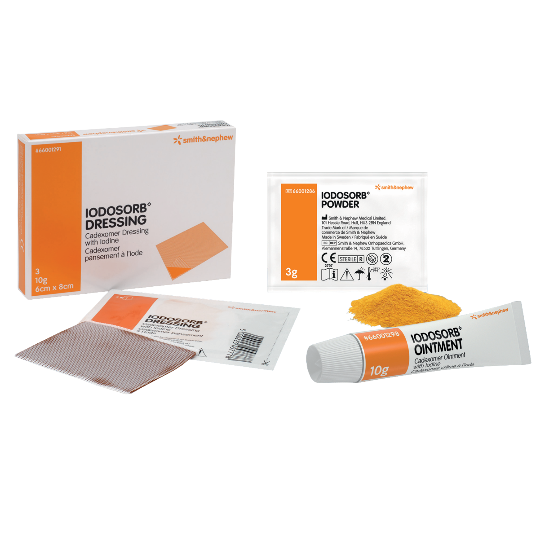 A collection of Smith & Nephew IODOSORB products including a box of dressings, an individual powder sachet, and a 10g tube of ointment with loose yellow powder.
