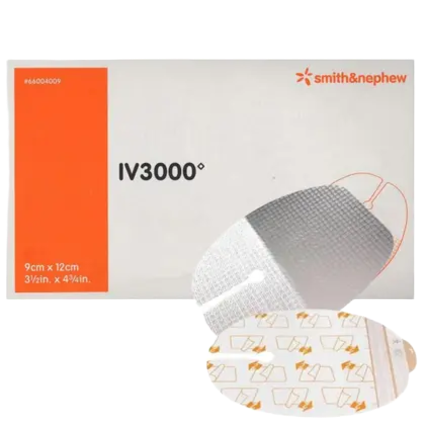 Detailed view of a Smith & Nephew IV3000 Ported dressing showing its 9cm x 12cm dimensions and the patterned moisture-responsive film.