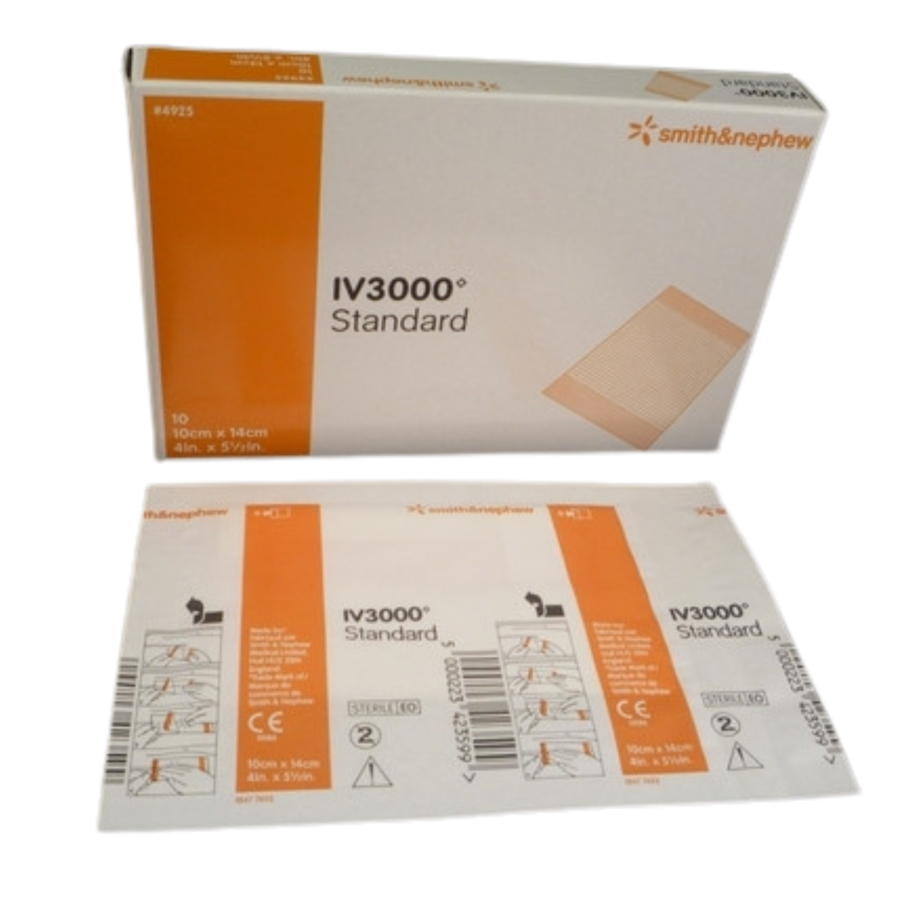 Smith & Nephew IV3000 Standard transparent film dressing box and sachet, 10cm x 14cm (4in x 5.5in), 10 count, Ref #4925.