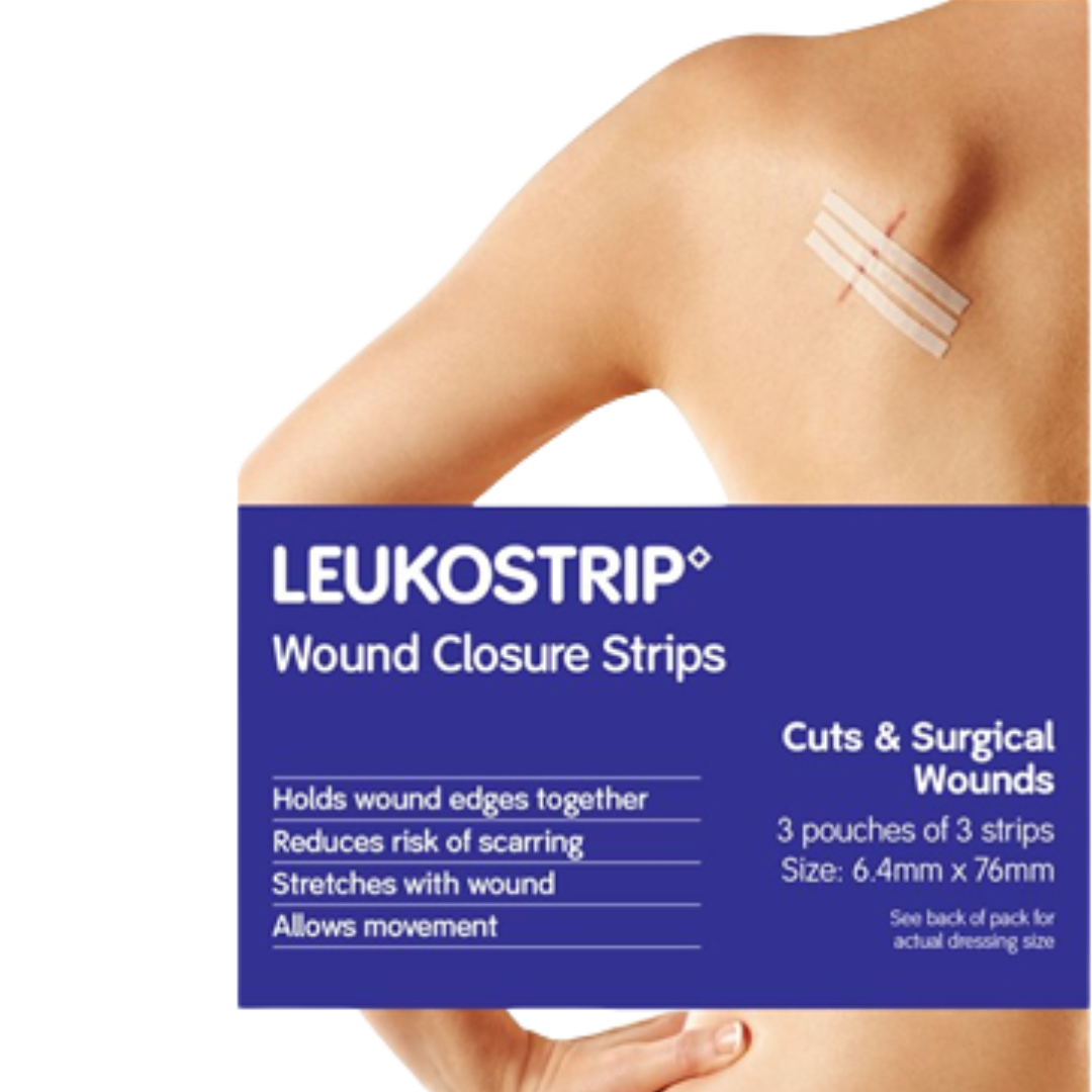 Close-up of Leukostrip wound closure strips applied to a cut on a person's shoulder, with packaging overlay detailing benefits for cuts and surgical wounds.