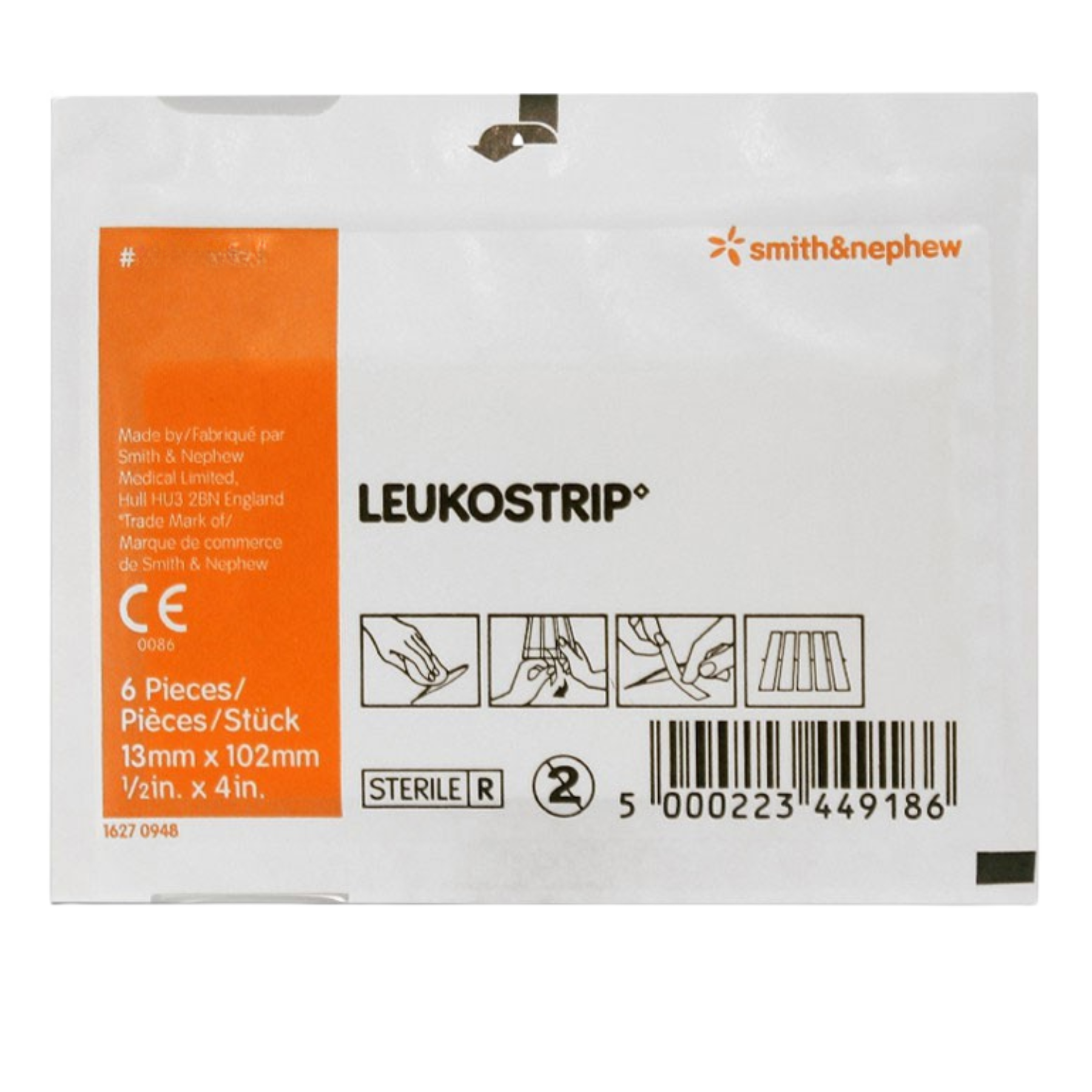 Sterile packaging for Smith & Nephew LEUKOSTRIP wound closure strips, size 13mm x 102mm (1/2 inch x 4 inch), containing 6 pieces.