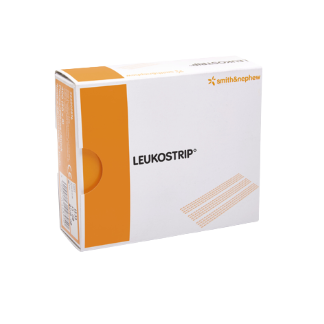 Smith & Nephew Leukostrip Wound Closure Strips retail box (white and orange design) displayed on a gray background, featuring the trademarked logo and strip image.