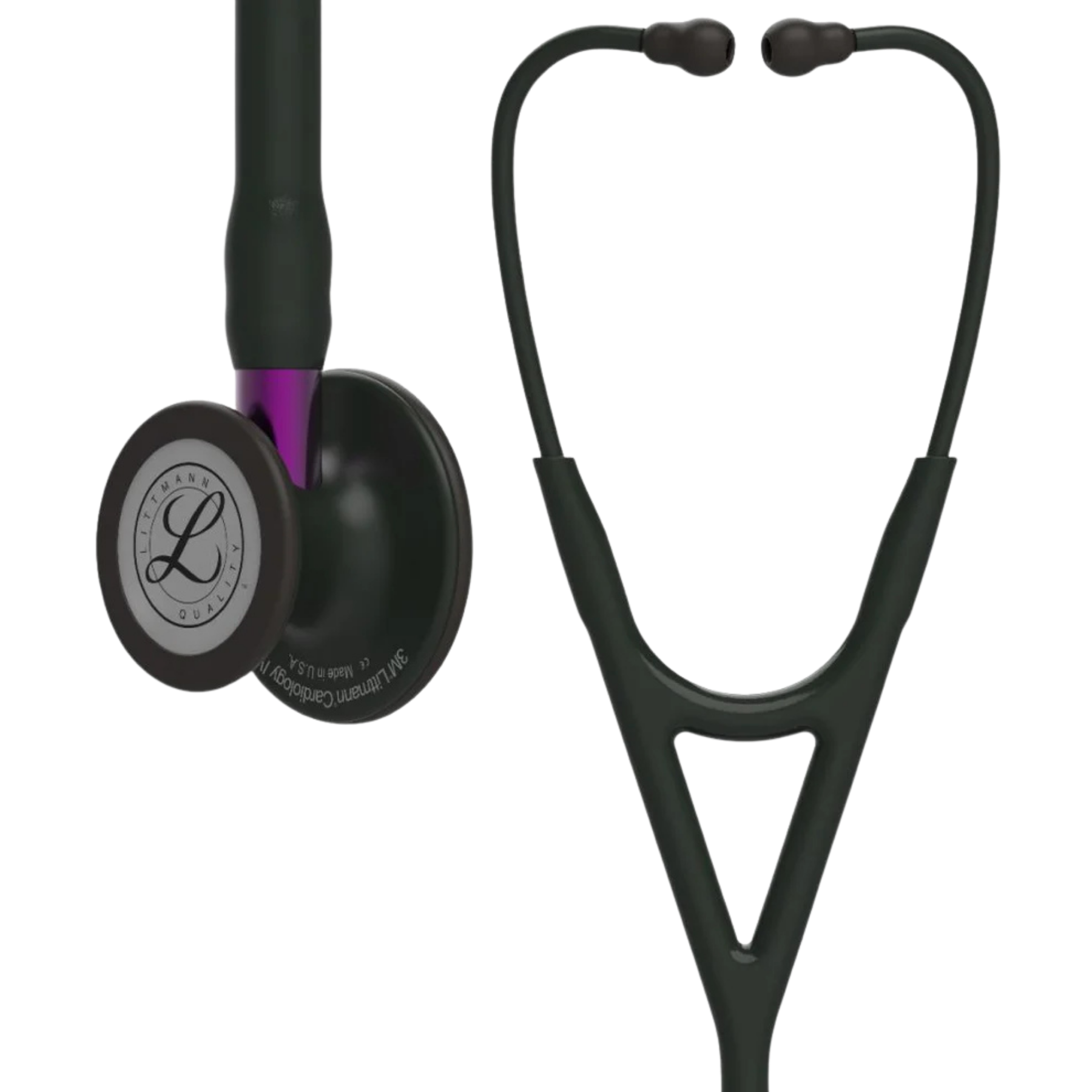 Multiple close-up angles of the 3M Littmann Cardiology IV Violet chestpiece highlighting the high-polish mirror finish. 