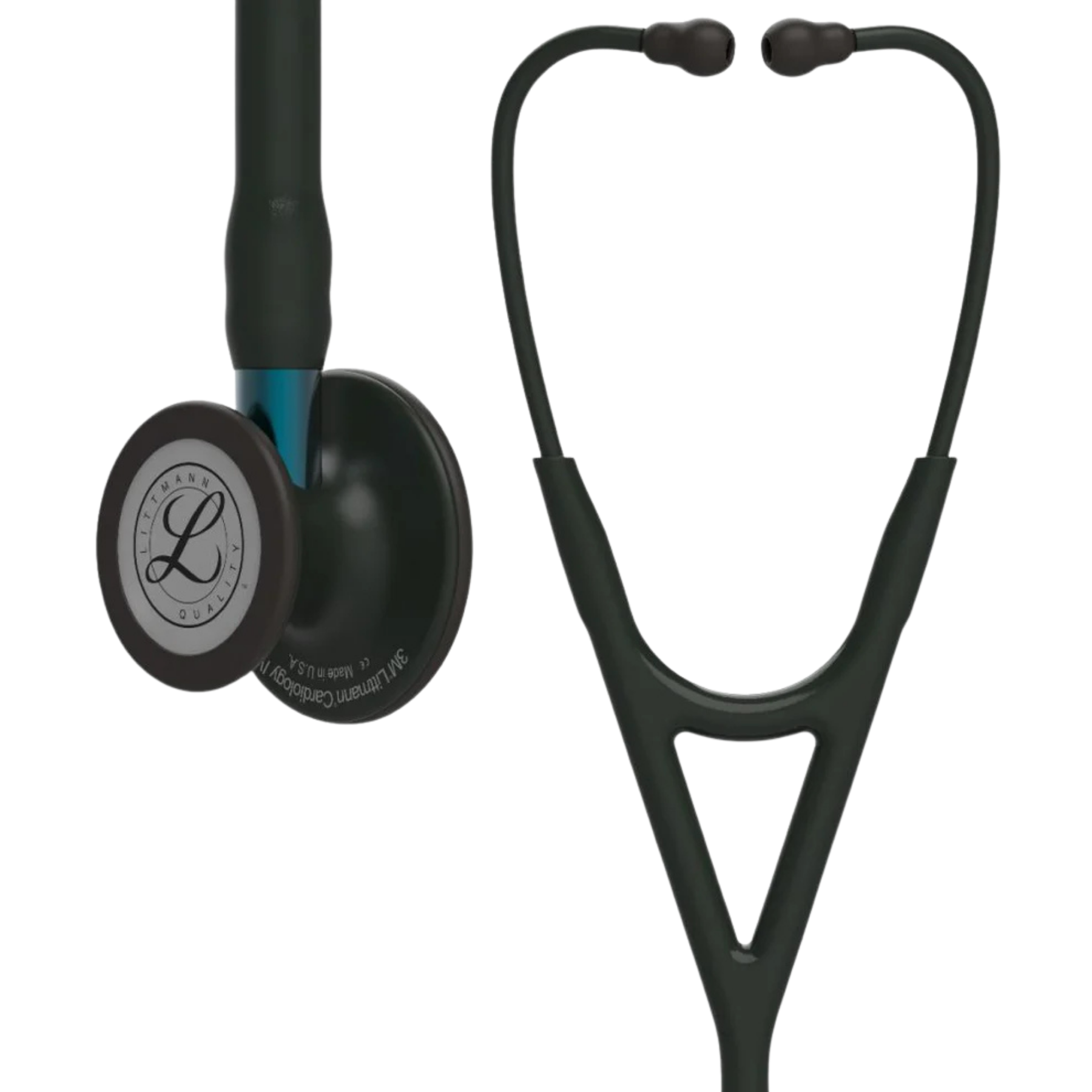 Close-up of Littmann cardiology stethoscope with blue stem chestpiece and Littmann Quality logo.
