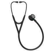 Full view of Littmann cardiology stethoscope with blue stem tubing, dual-sided chestpiece and soft ear tips.