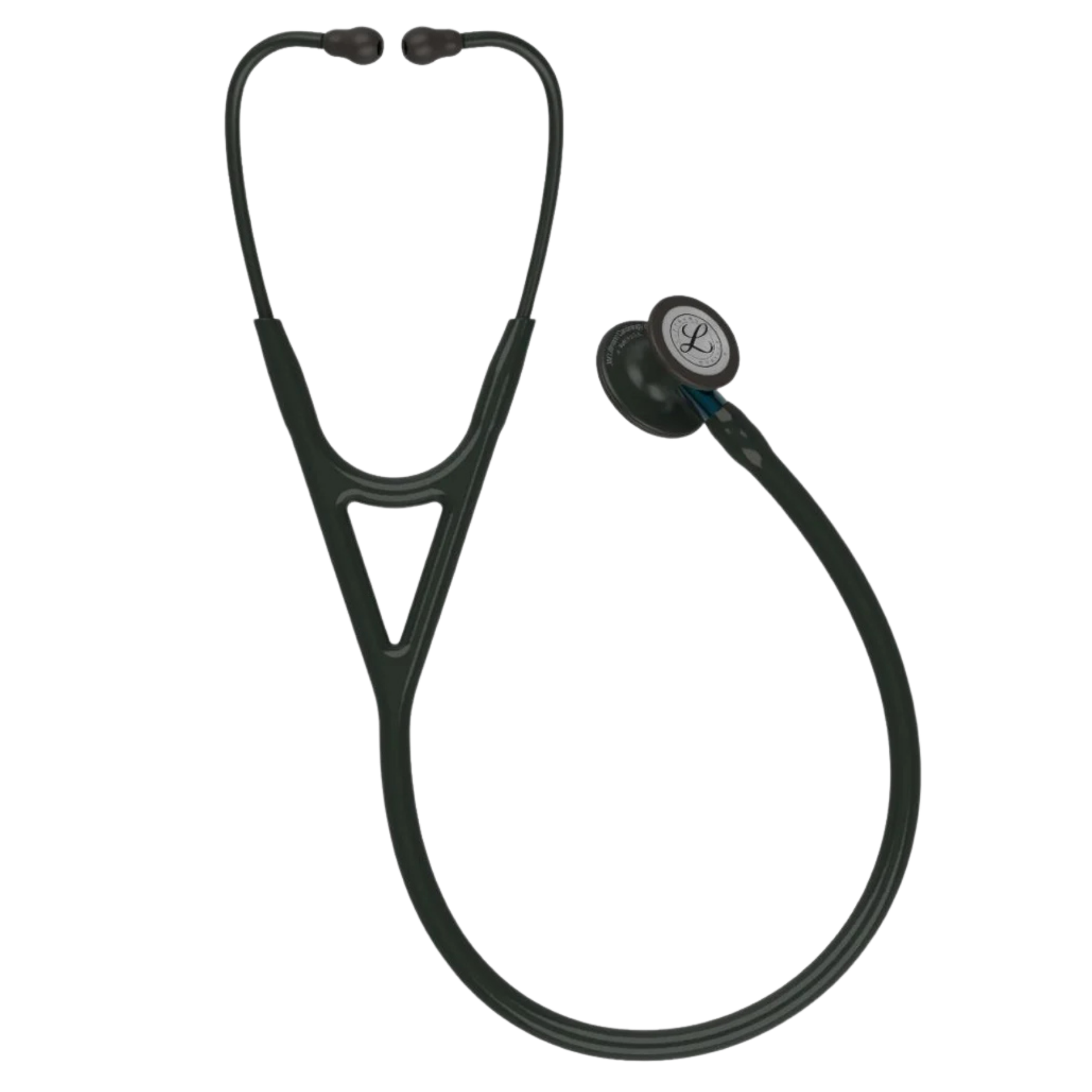 Full view of Littmann cardiology stethoscope with blue stem tubing, dual-sided chestpiece and soft ear tips.