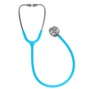 A full-length product view of the 3M Littmann Classic III Monitoring Stethoscope with vibrant turquoise blue tubing and a silver stainless steel chestpiece.