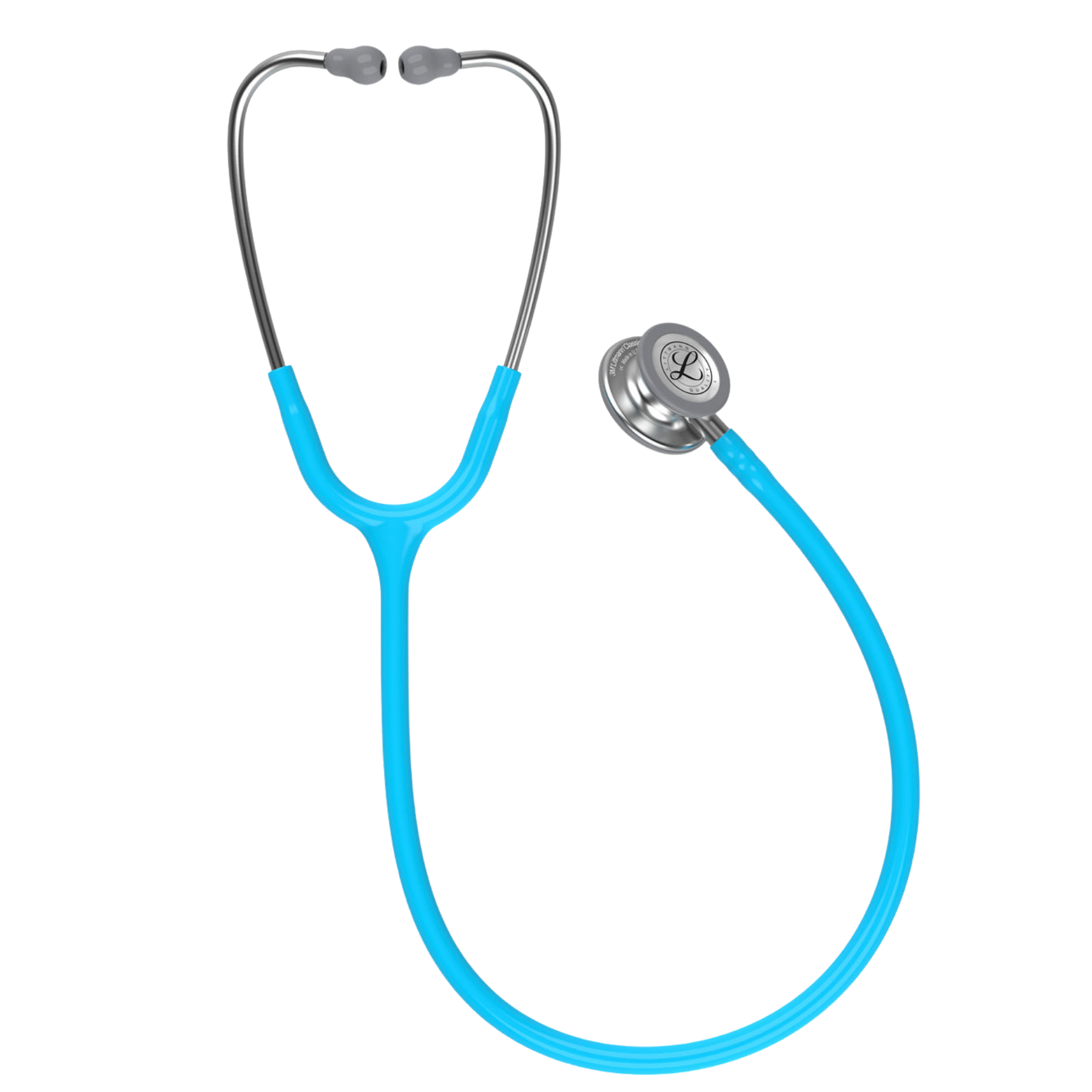 A full-length product view of the 3M Littmann Classic III Monitoring Stethoscope with vibrant turquoise blue tubing and a silver stainless steel chestpiece.
