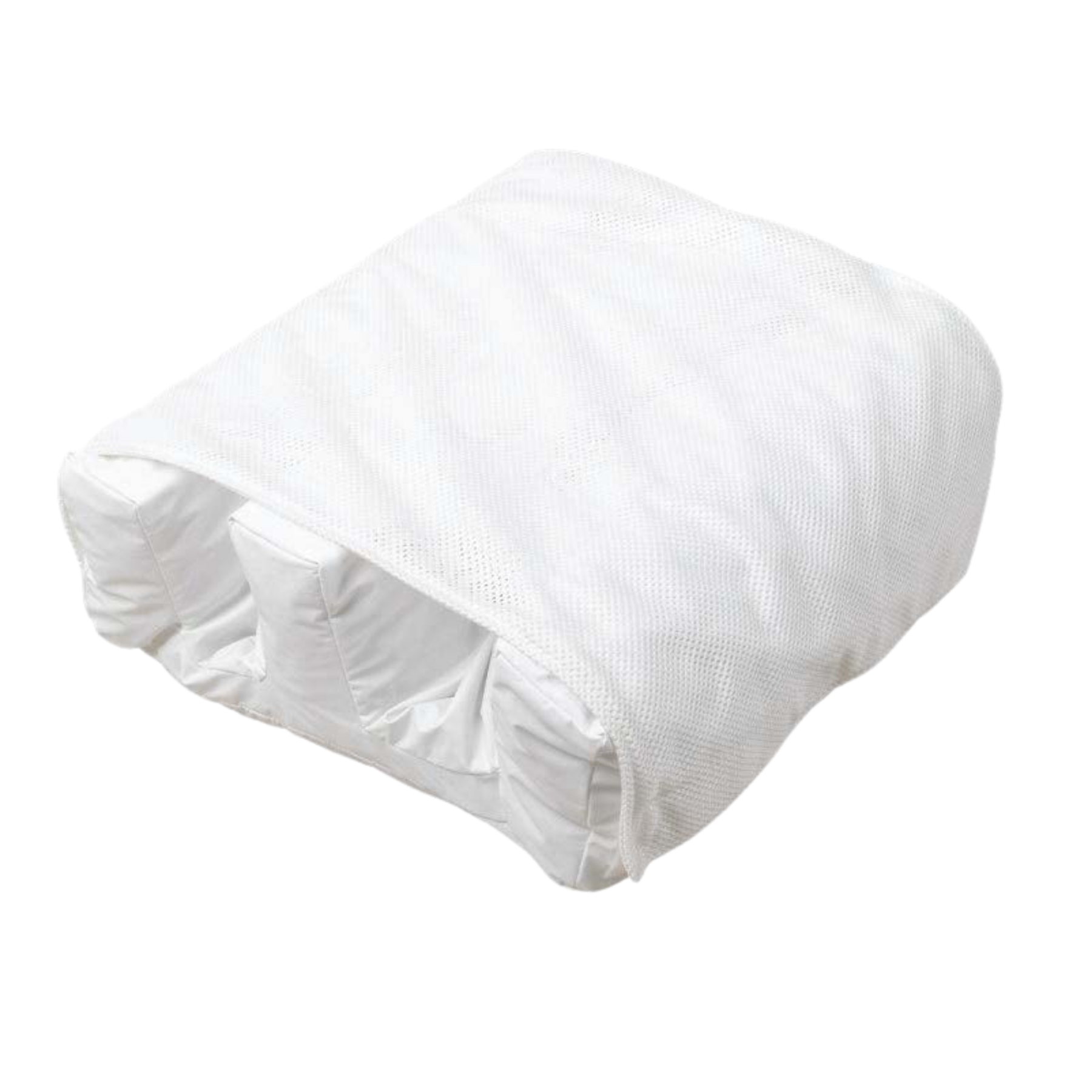 A close-up view of the Medifab Body Wedge Snooze showing the white clinical fabric, integrated leg trough, and the mesh top leg wrap.