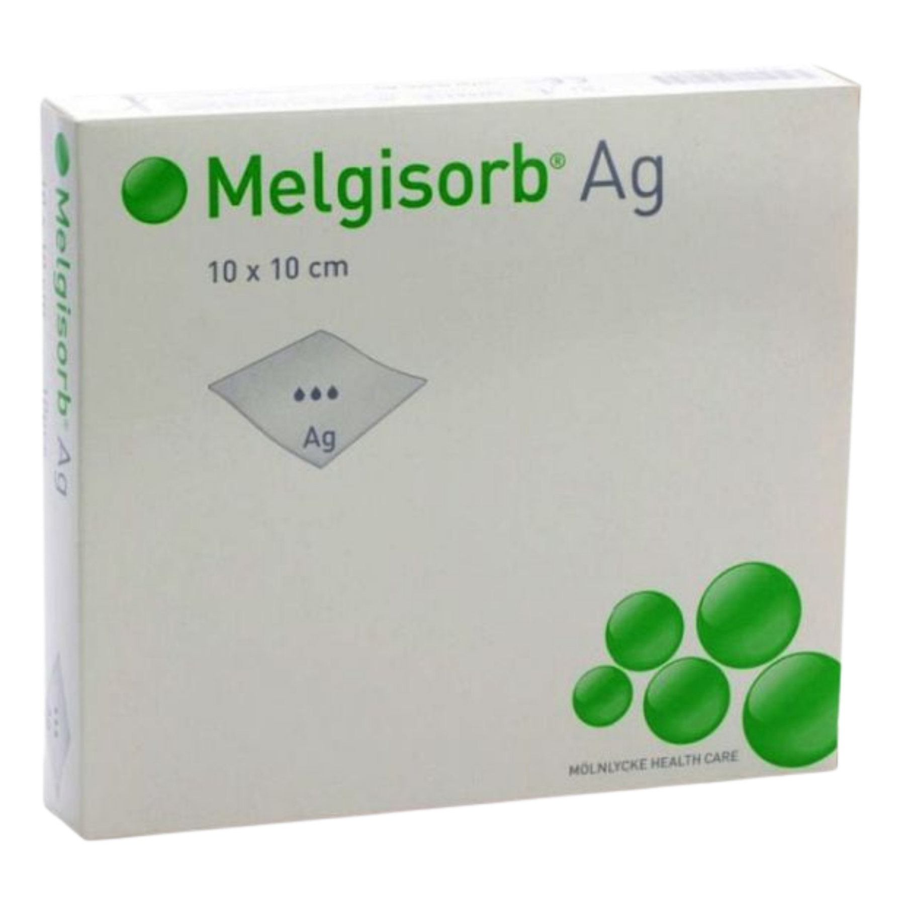Front view of Melgisorb Ag silver dressing box in 10 x 10 cm dimensions for moderate to highly exuding wounds.