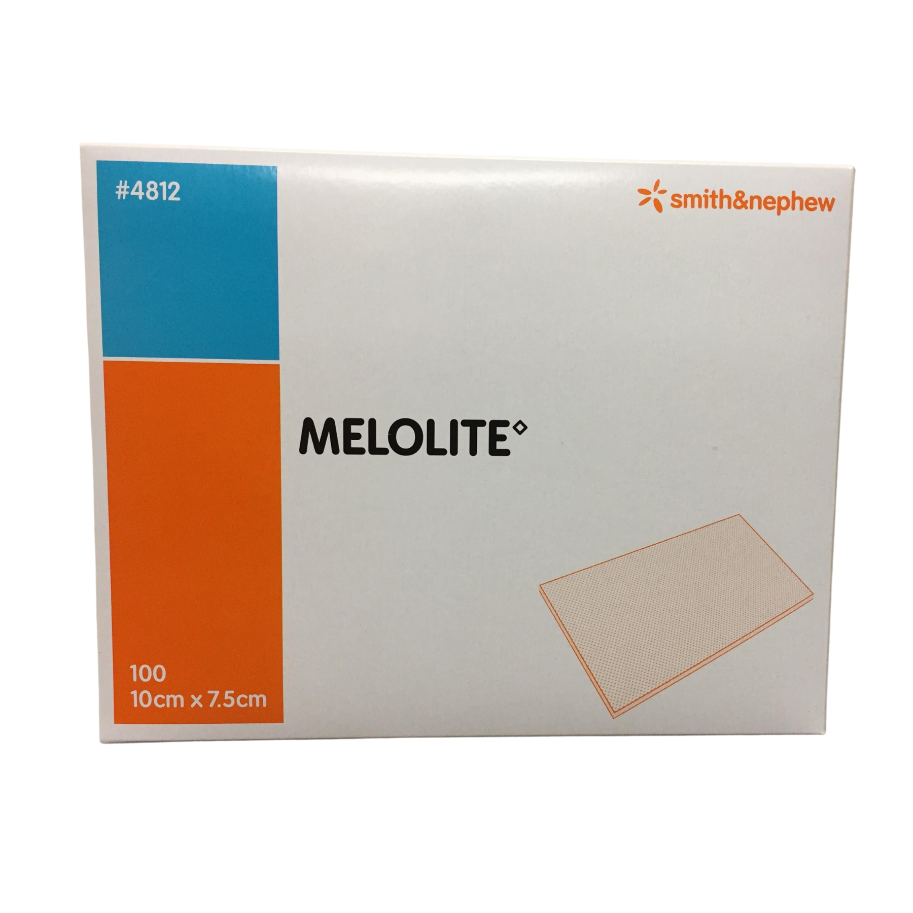 Front view of the MELOLITE Sterile absorbent dressing box, 10cm x 7.5cm size, 100 dressings per box, Ref #4812.