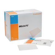 Smith & Nephew MELOLITE sterile absorbent dressing box (100 count), 10cm x 7.5cm, shown with an individual sachet and unwrapped pad.